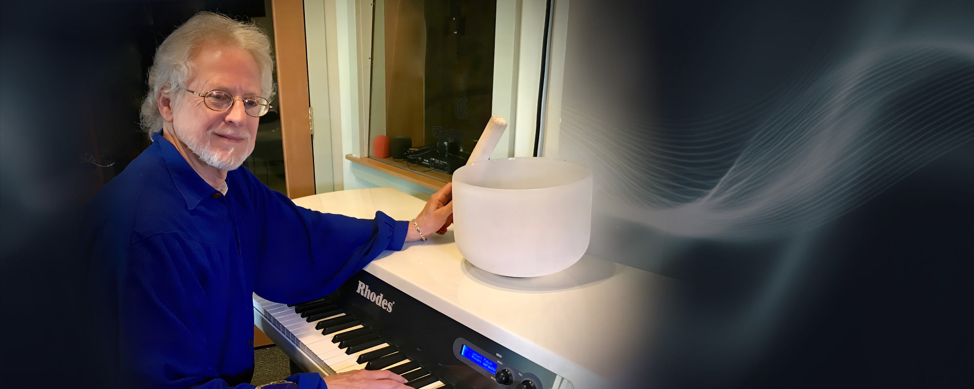 Steven Halpern at the Fender Rhodes with a crystal singing bowl